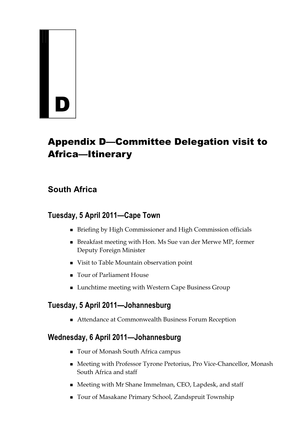 Appendix D: Committee Delegation Visit to Africa