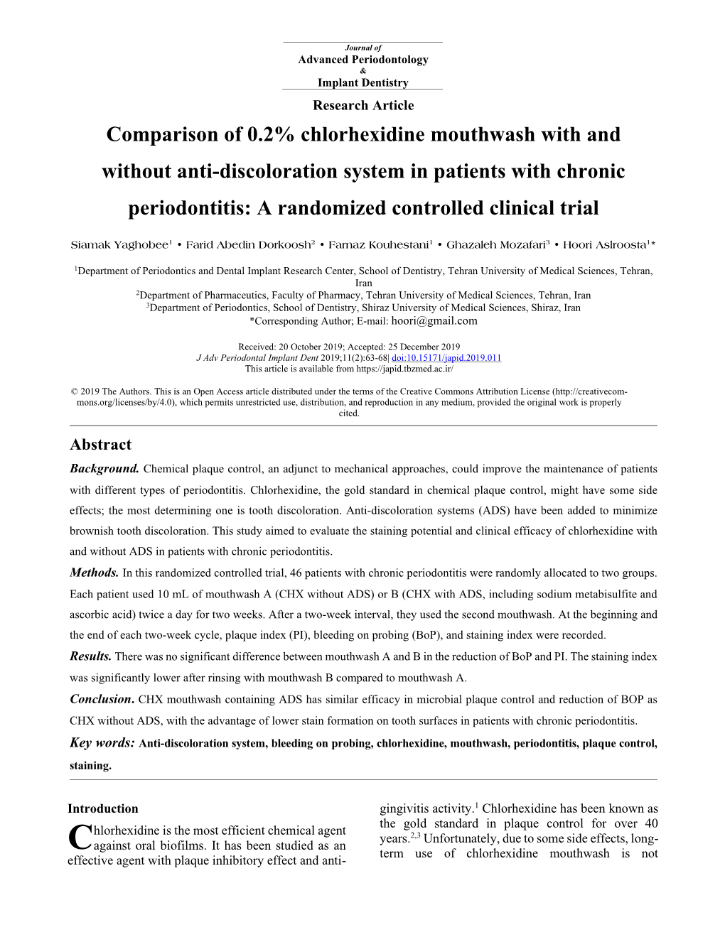 Comparison of 0.2% Chlorhexidine Mouthwash with and Without Anti-Discoloration System in Patients with Chronic Periodontitis: a Randomized Controlled Clinical Trial