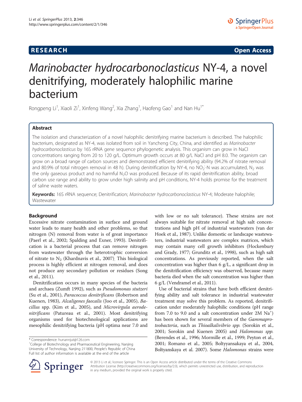 Marinobacter Hydrocarbonoclasticus NY-4, a Novel Denitrifying, Moderately Halophilic Marine Bacterium