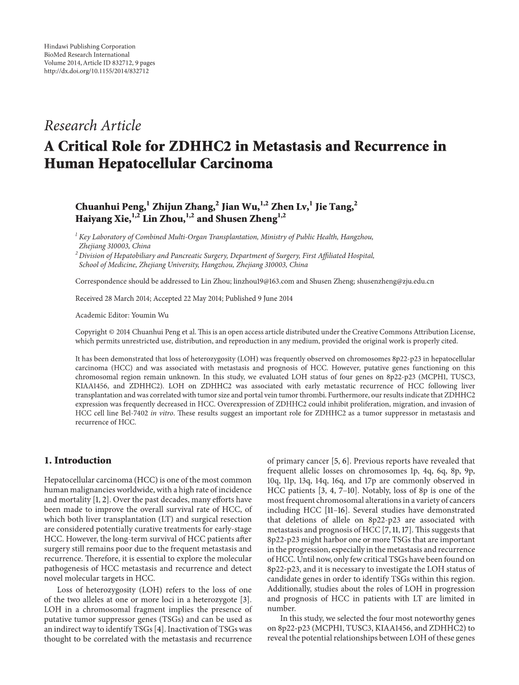 A Critical Role for ZDHHC2 in Metastasis and Recurrence in Human Hepatocellular Carcinoma