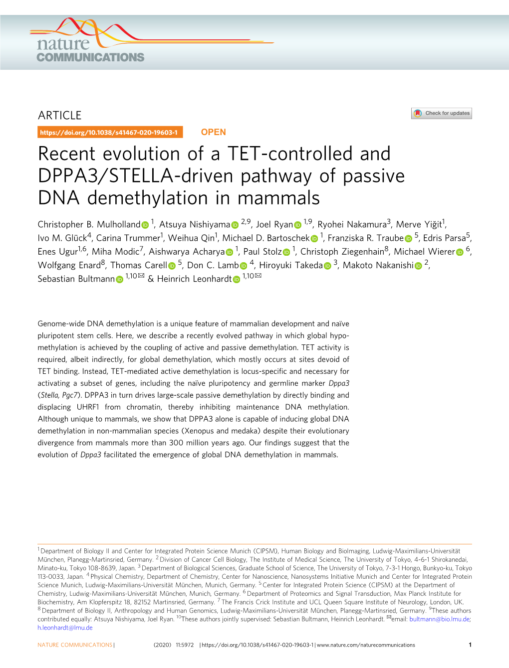 Recent Evolution of a TET-Controlled and DPPA3/STELLA-Driven Pathway of Passive DNA Demethylation in Mammals