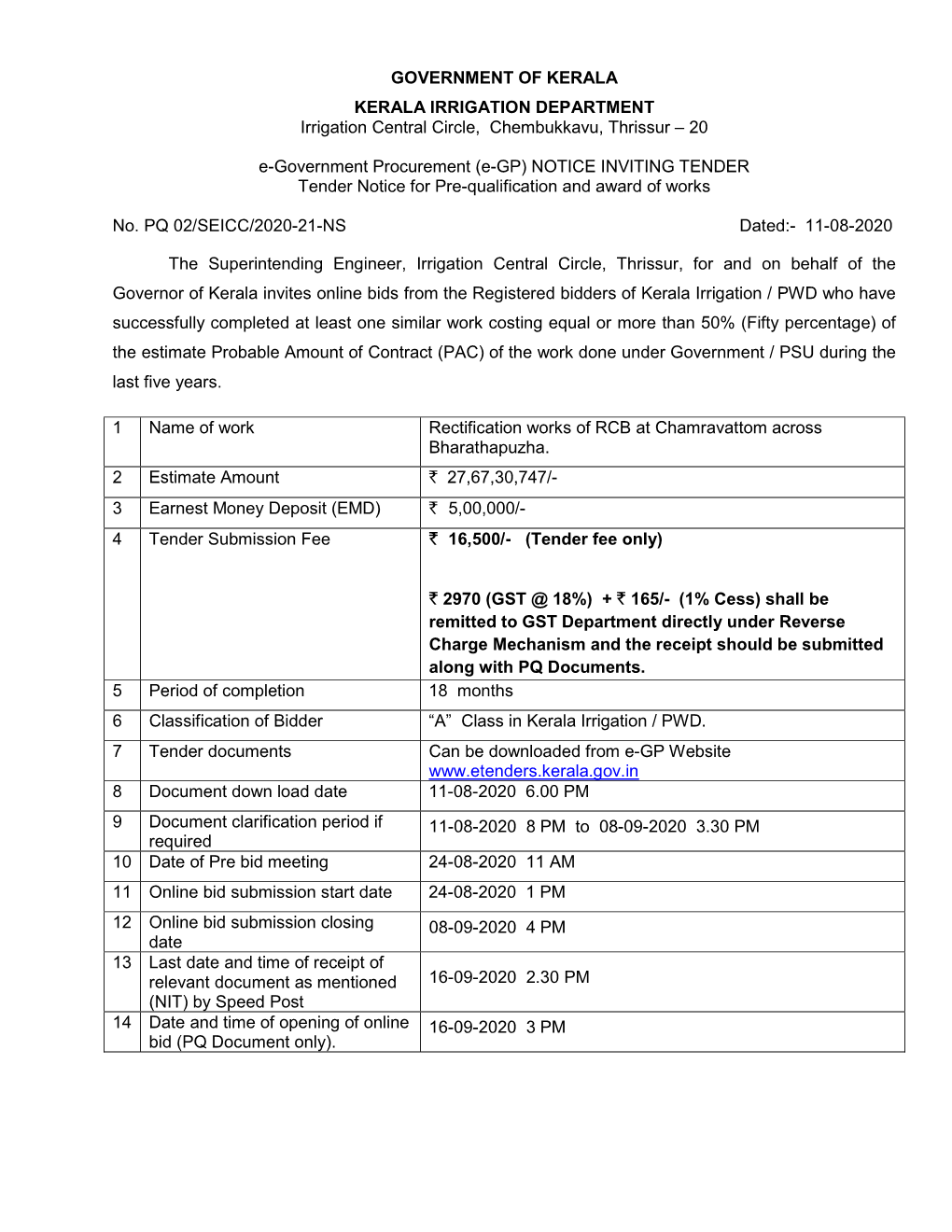 GOVERNMENT of KERALA KERALA IRRIGATION DEPARTMENT Irrigation Central Circle, Chembukkavu, Thrissur – 20