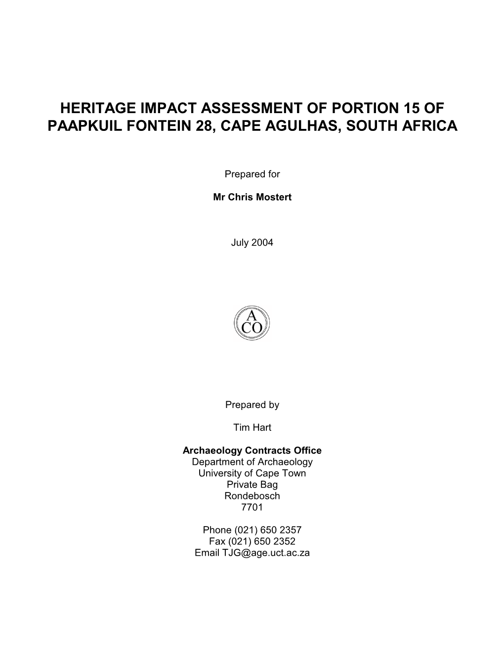 Heritage Impact Assessment of Portion 15 of Paapkuil Fontein 28, Cape Agulhas, South Africa