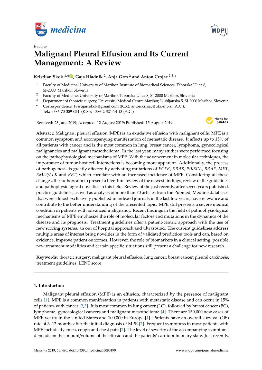 Malignant Pleural Effusion and Its Current Management: a Review