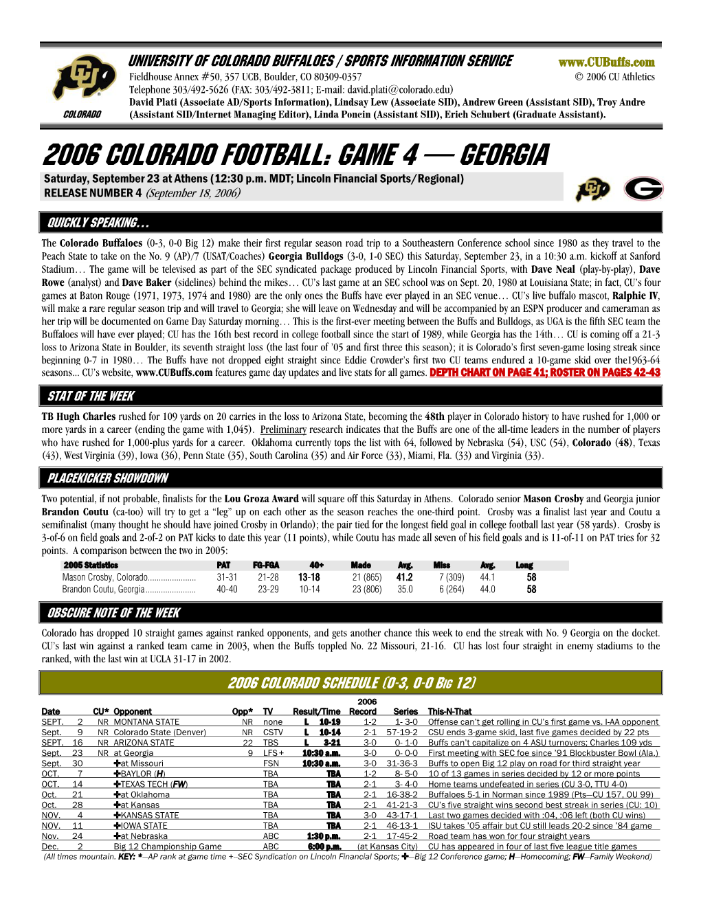 2006 COLORADO Football: GAME 4 — GEORGIA Saturday, September 23 at Athens (12:30 P.M