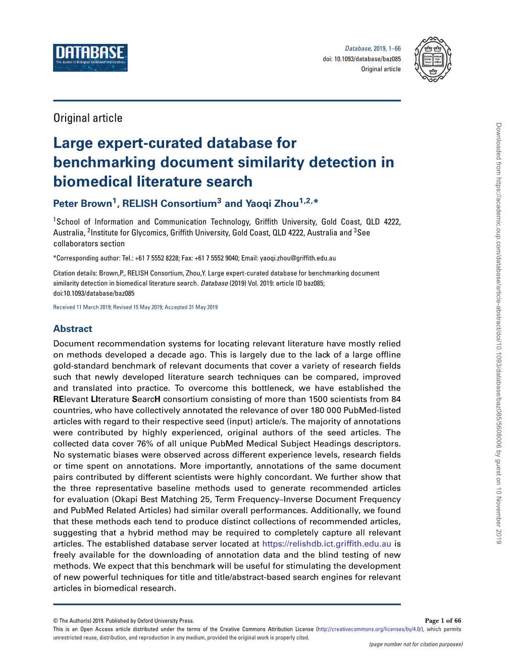 Large Expert-Curated Database for Benchmarking Document Similarity Detection in Biomedical Literature Search Peter Brown1,Relishconsortium3 and Yaoqi Zhou1,2,*