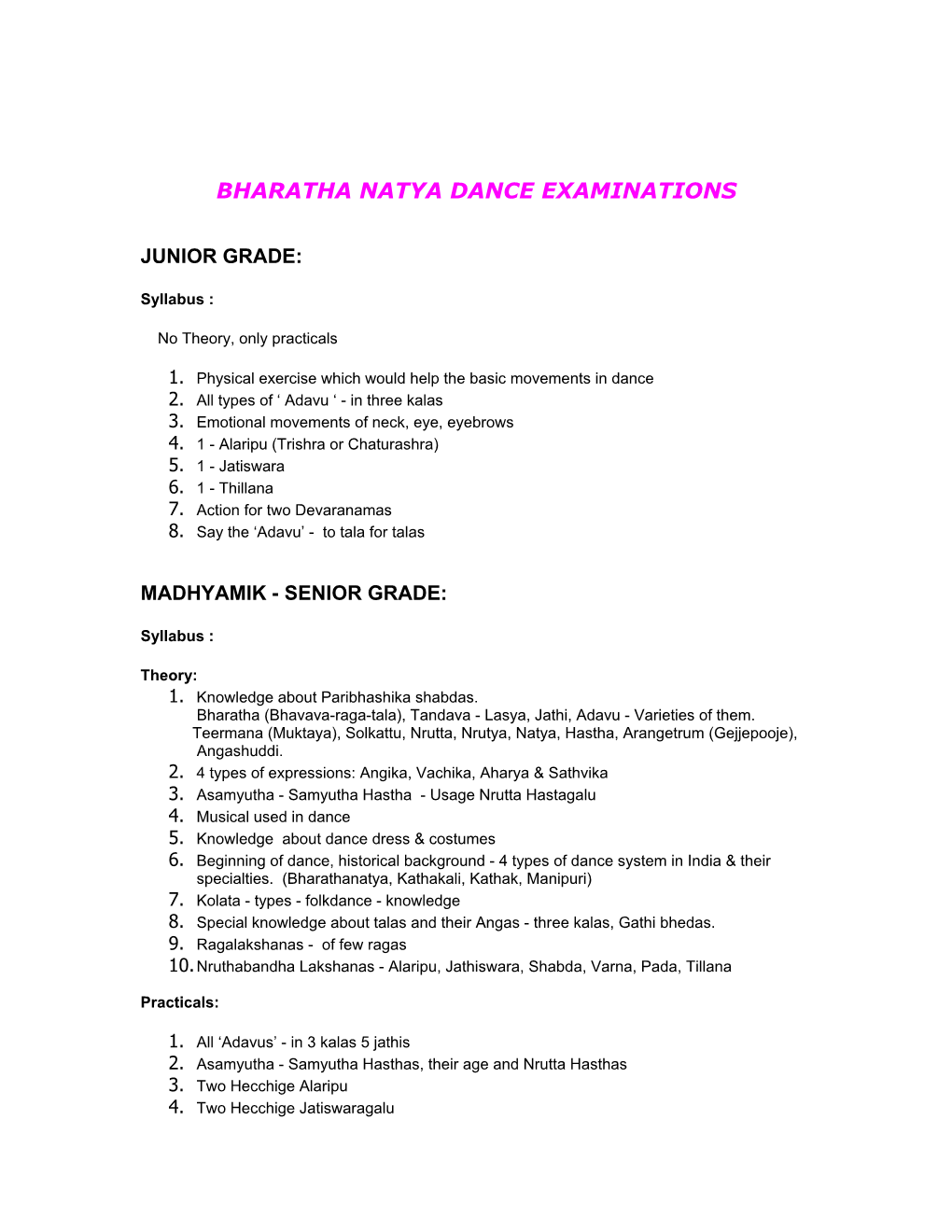 Bharatha Natya Dance Examinations