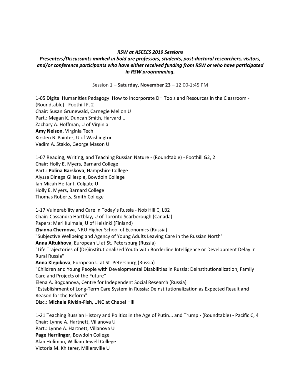 RSW at ASEEES 2019 Sessions Presenters/Discussants Marked In