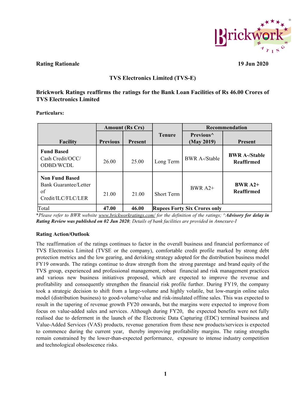 Rating Rationale 19 Jun 2020 TVS Electronics