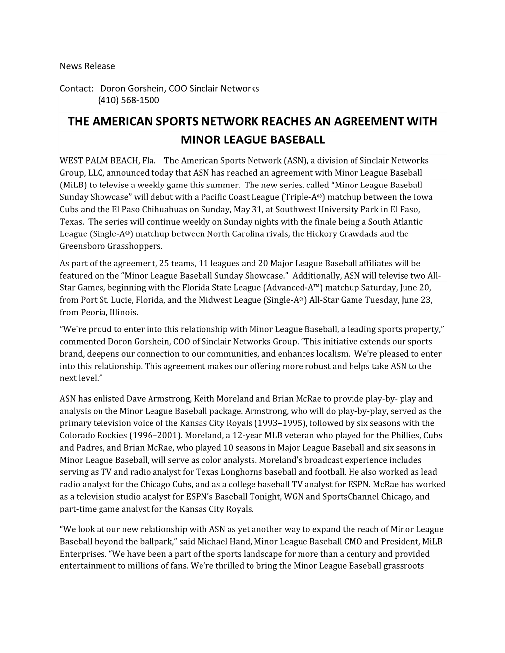 The American Sports Network Reaches an Agreement with Minor League Baseball