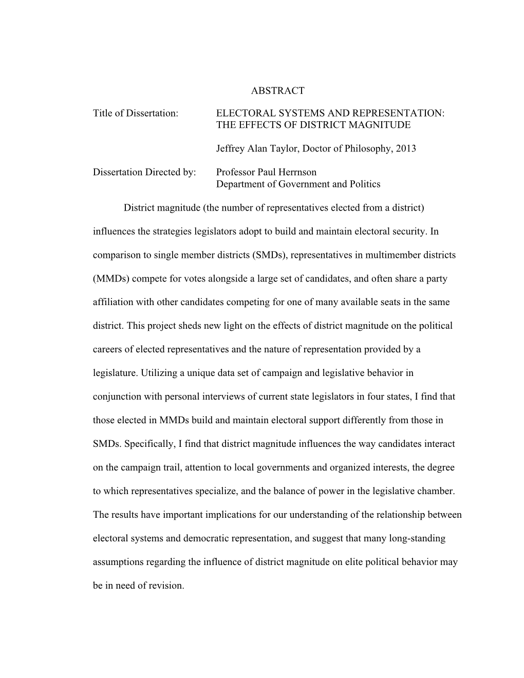 Electoral Systems and Representation: the Effects of District Magnitude