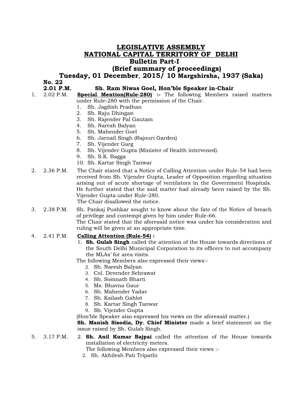 LEGISLATIVE ASSEMBLY NATIONAL CAPITAL TERRITORY of DELHI Bulletin Part-I (Brief Summary of Proceedings) Tuesday, 01 December, 2015/ 10 Margshirsha, 1937 (Saka) No