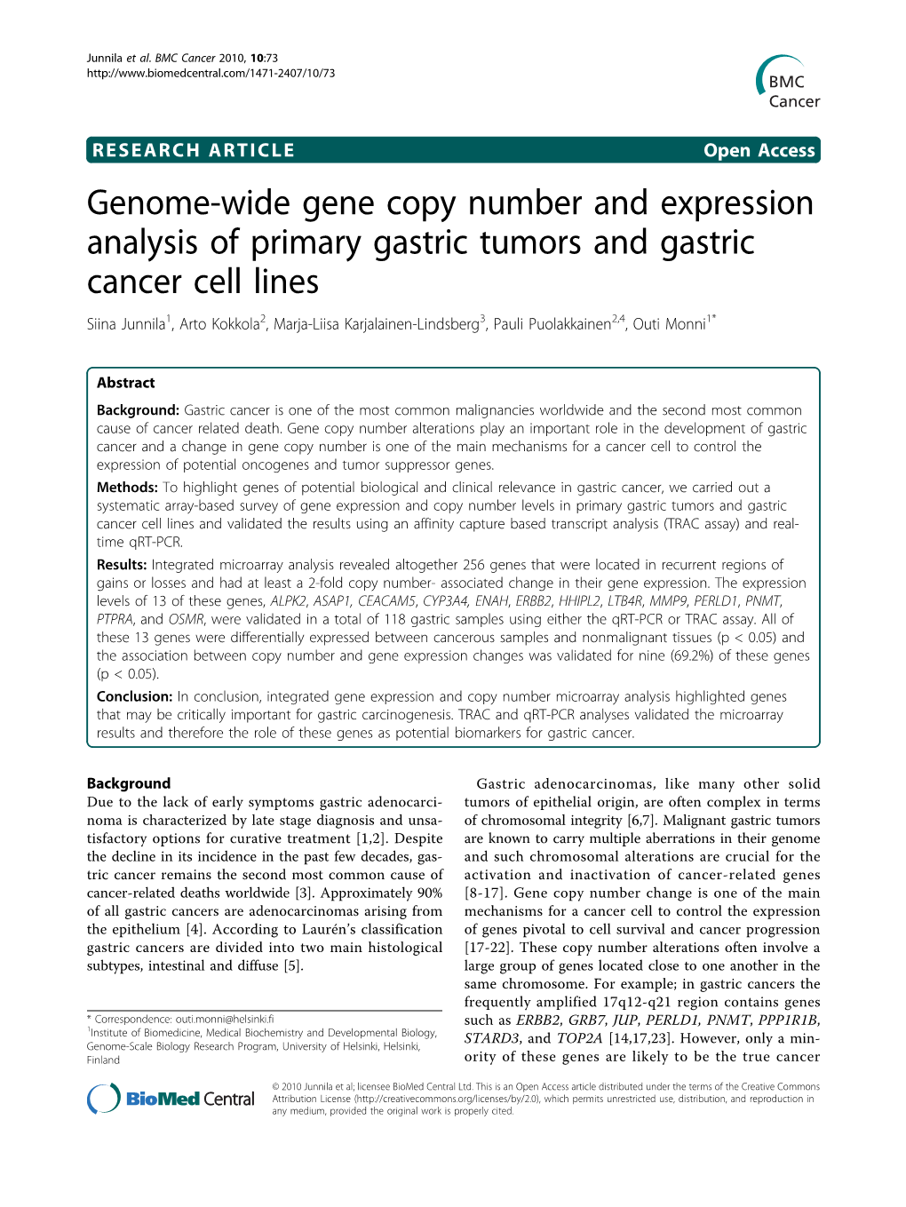 Genome-Wide Gene Copy Number and Expression Analysis of Primary