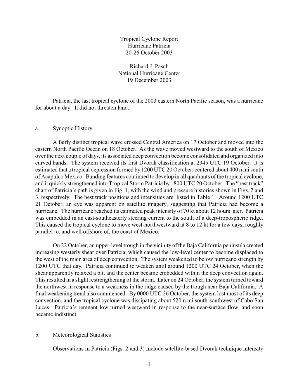 Tropical Cyclone Report Hurricane Patricia 20-26 October 2003