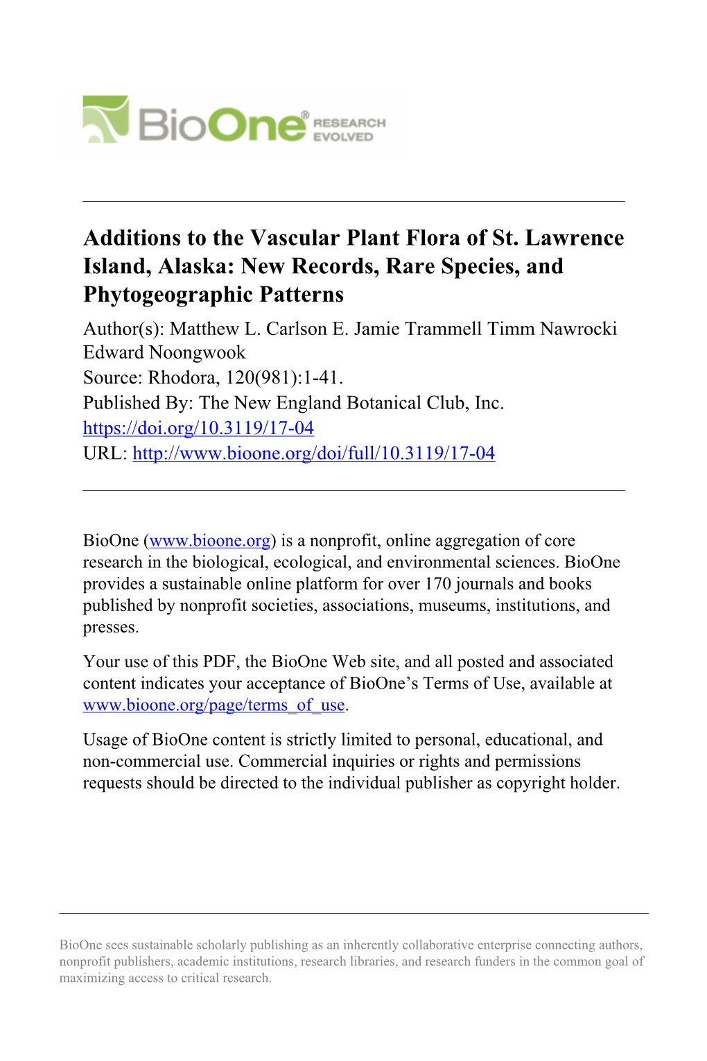 Additions to the Vascular Plant Flora of St. Lawrence Island, Alaska: New Records, Rare Species, and Phytogeographic Patterns Author(S): Matthew L