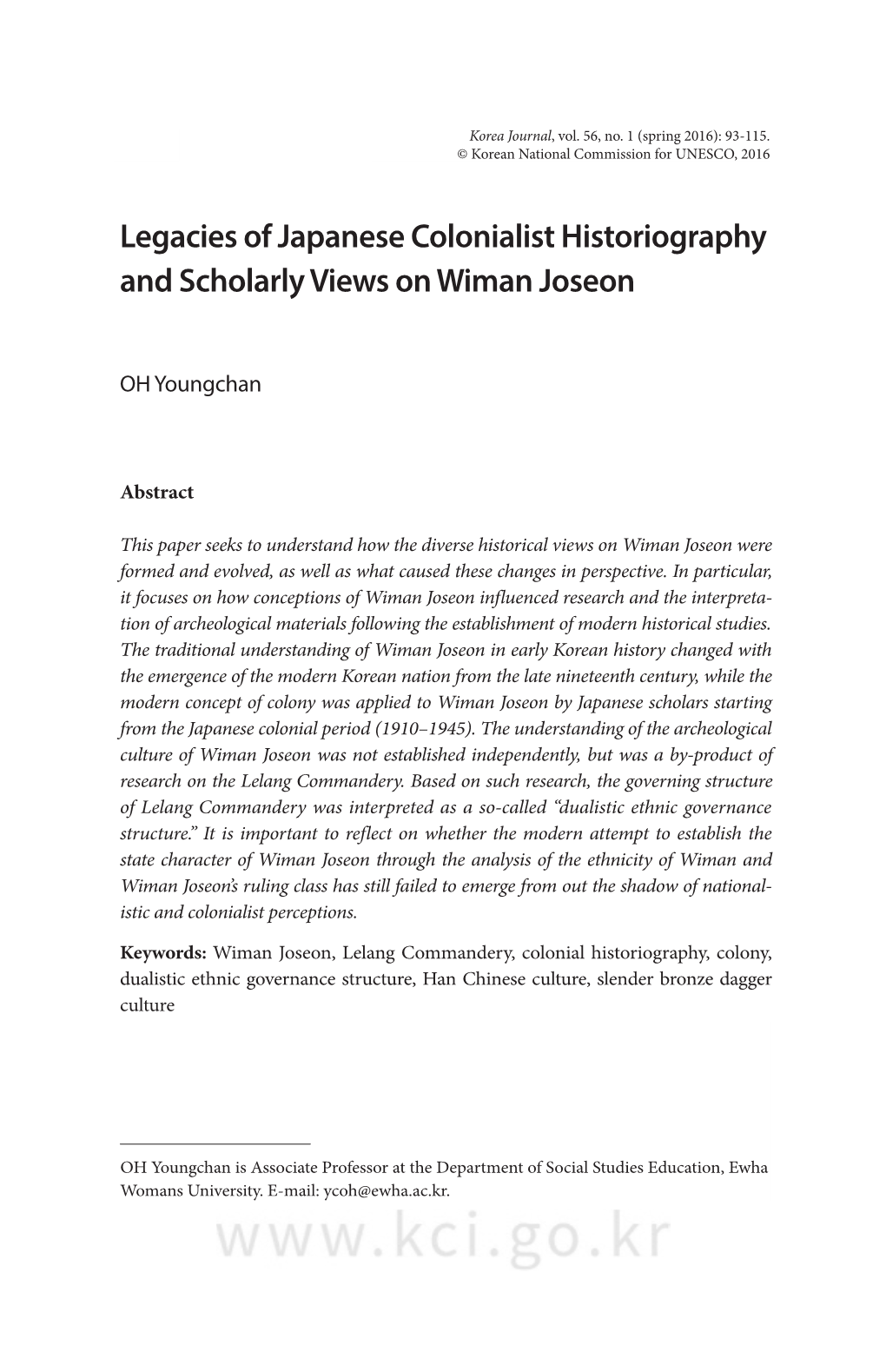 Legacies of Japanese Colonialist Historiography and Scholarly Views on Wiman Joseon