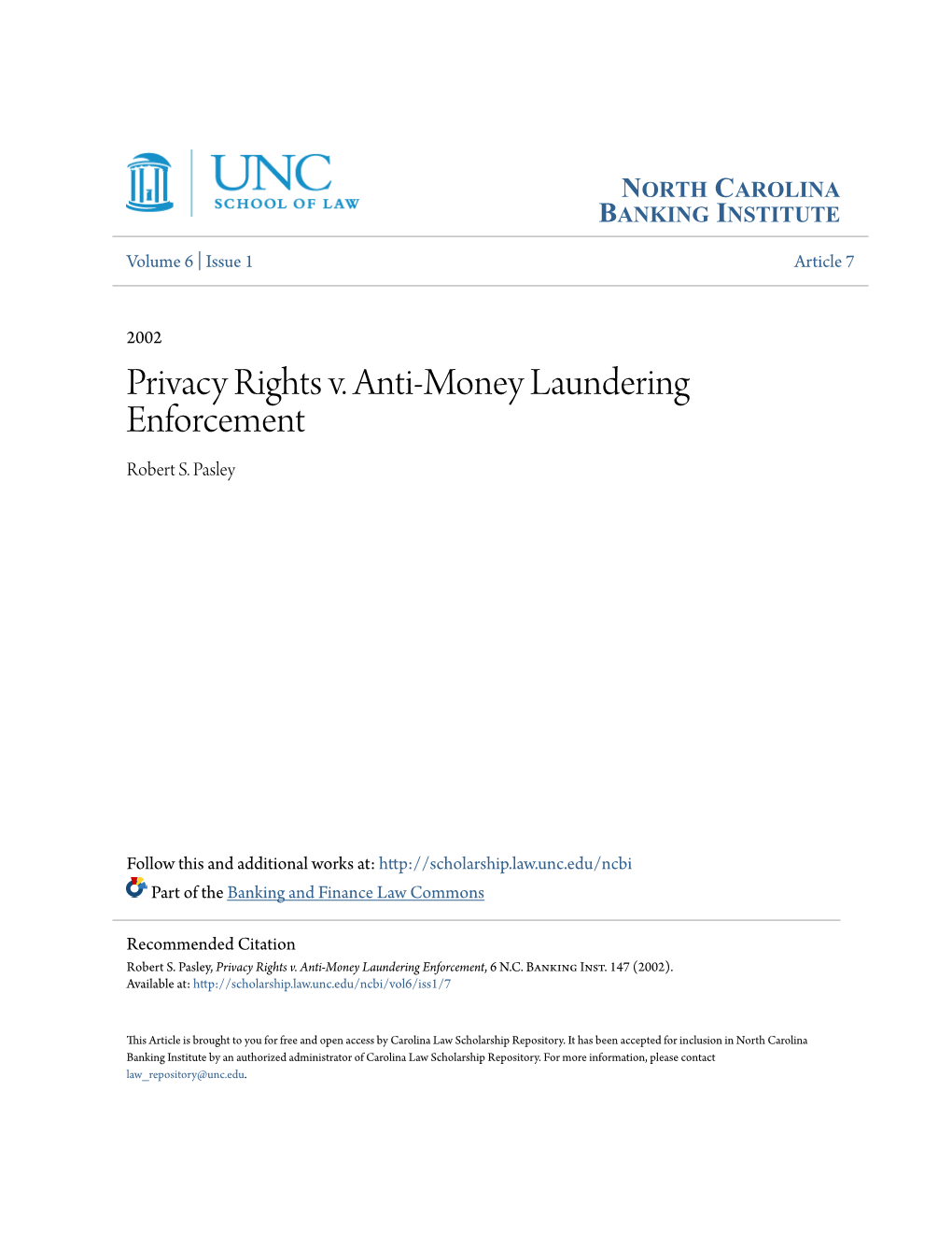 Privacy Rights V. Anti-Money Laundering Enforcement Robert S