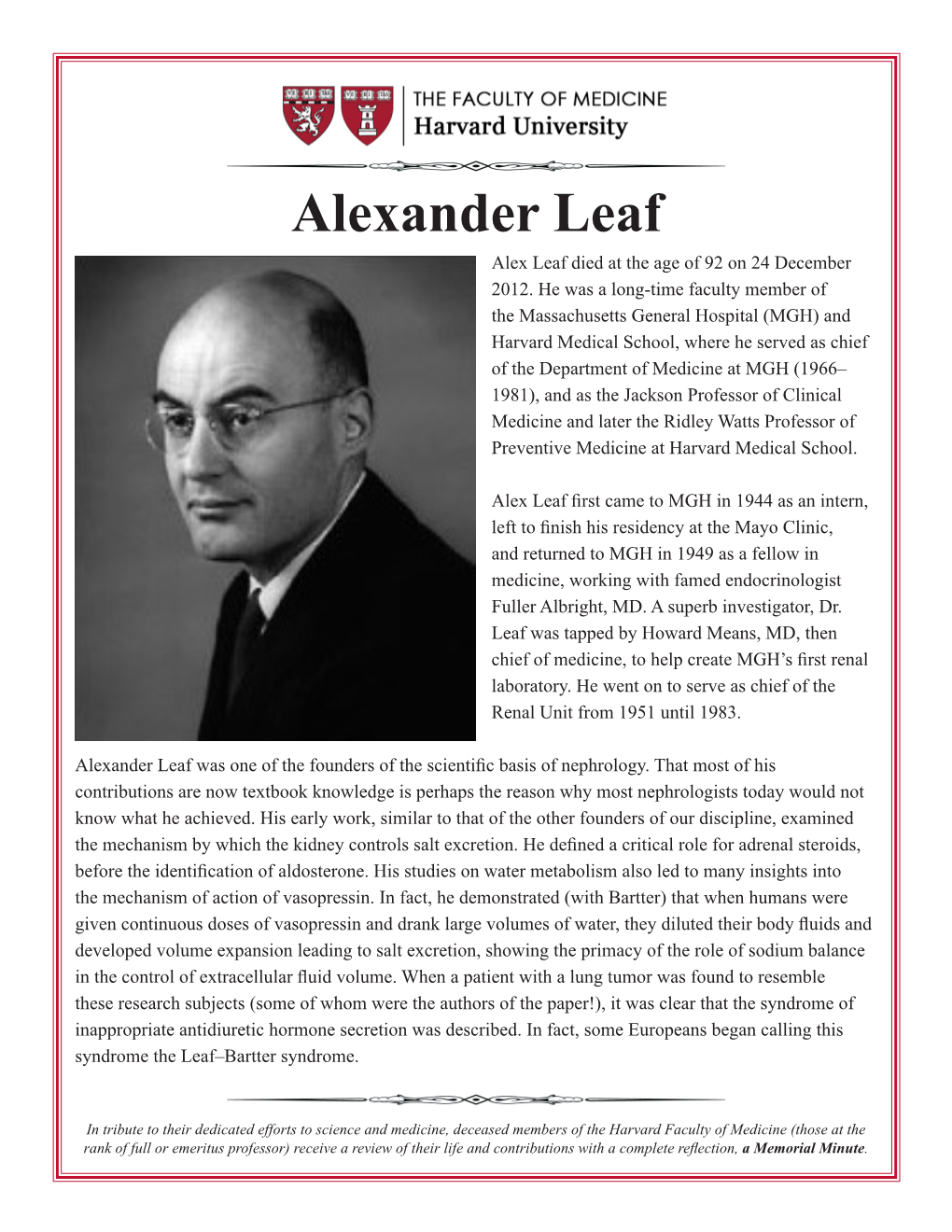 Alexander Leaf Alex Leaf Died at the Age of 92 on 24 December 2012