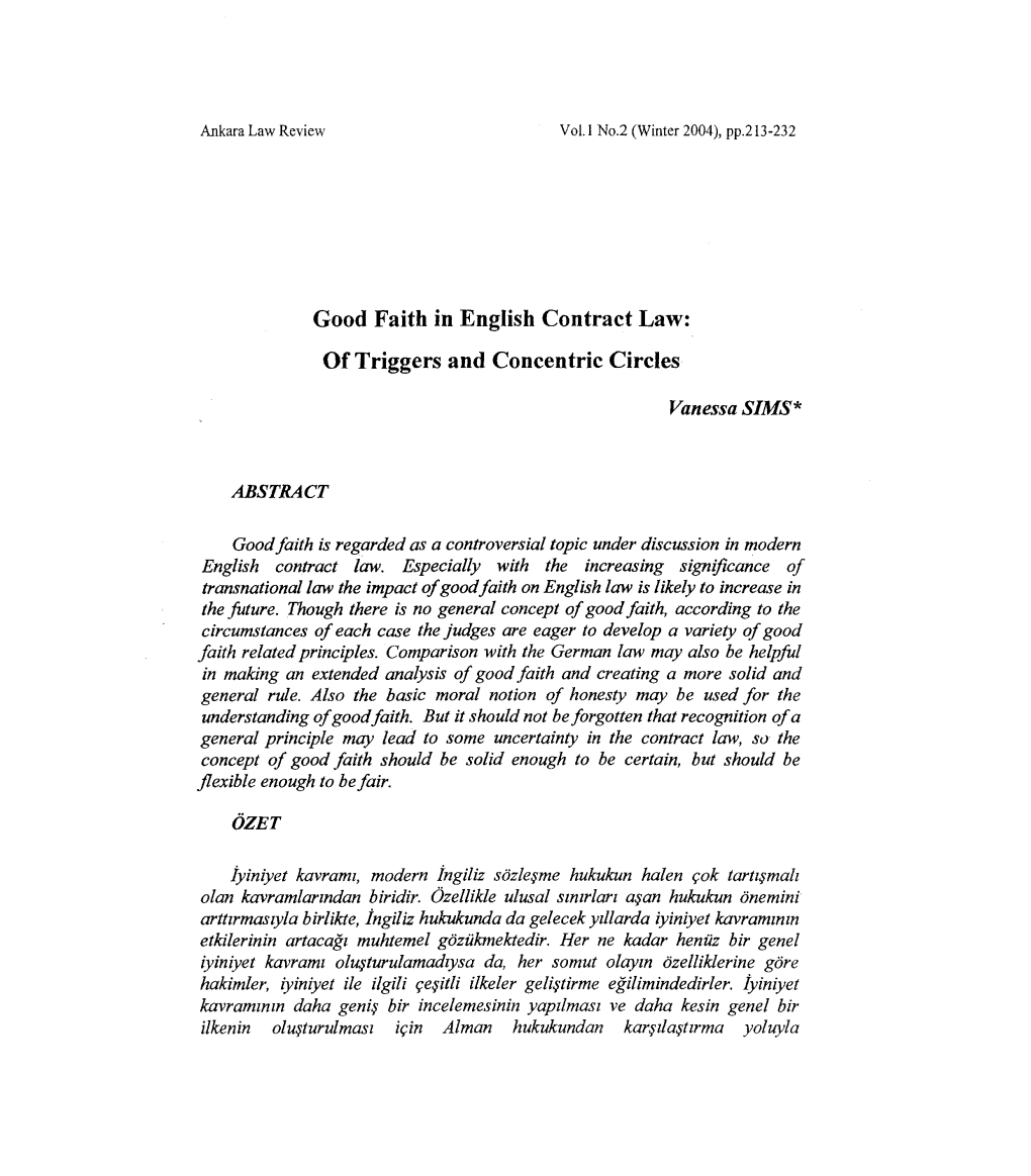 Good Faith in English Contract Law: of Triggers and Concentric Circles Vanessa SIMS*