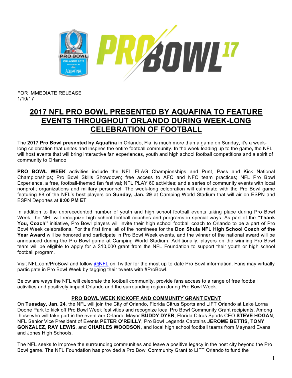 2017 Nfl Pro Bowl Presented by Aquafina to Feature Events Throughout Orlando During Week-Long Celebration of Football