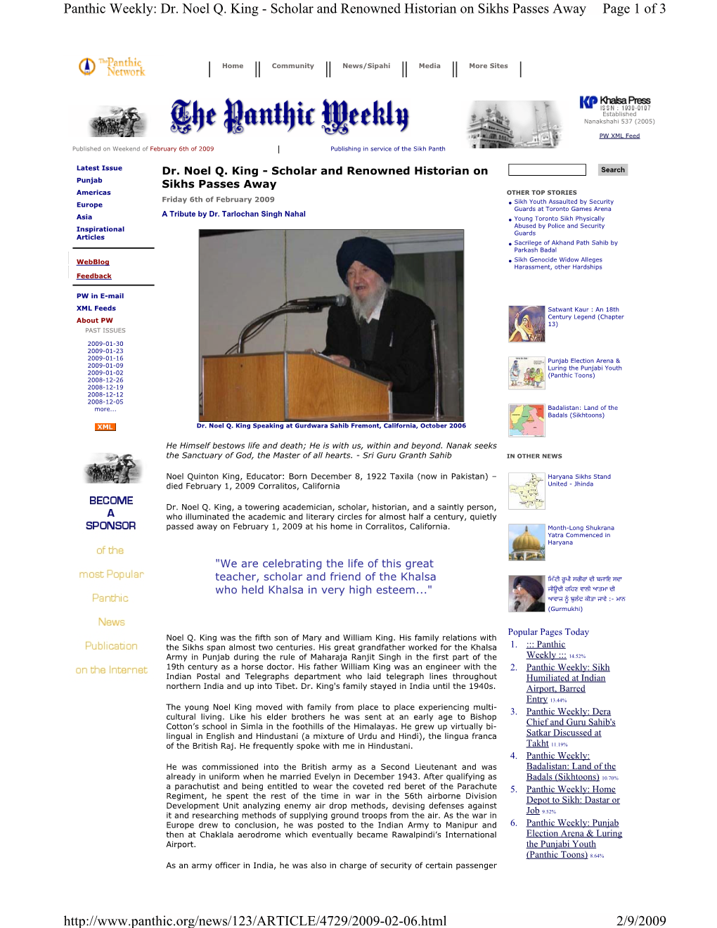 Page 1 of 3 Panthic Weekly: Dr. Noel Q. King