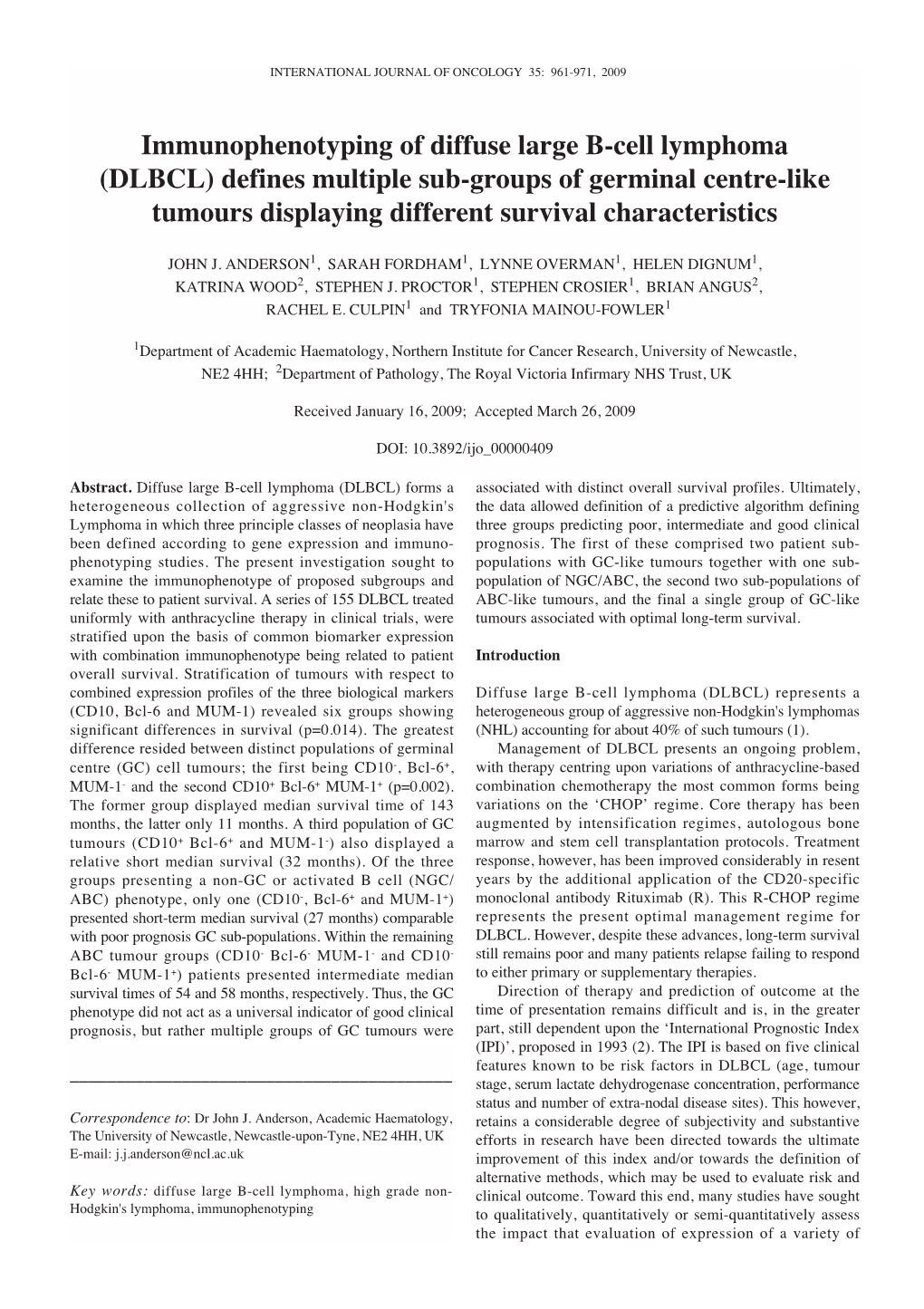 Immunophenotyping of Diffuse Large B-Cell Lymphoma (DLBCL) Defines Multiple Sub-Groups of Germinal Centre-Like Tumours Displaying Different Survival Characteristics