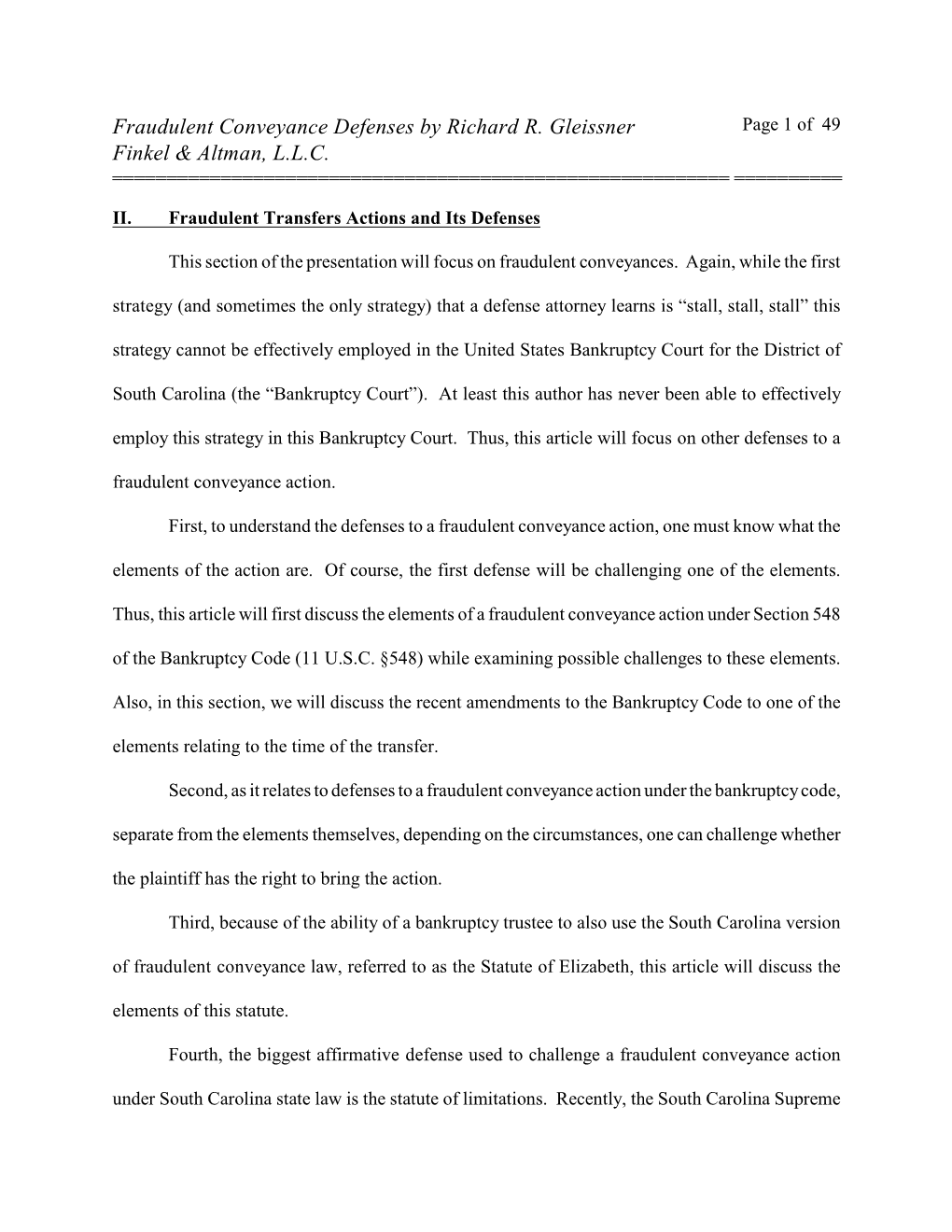 Fraudulent Conveyance Defenses by Richard R. Gleissner Finkel