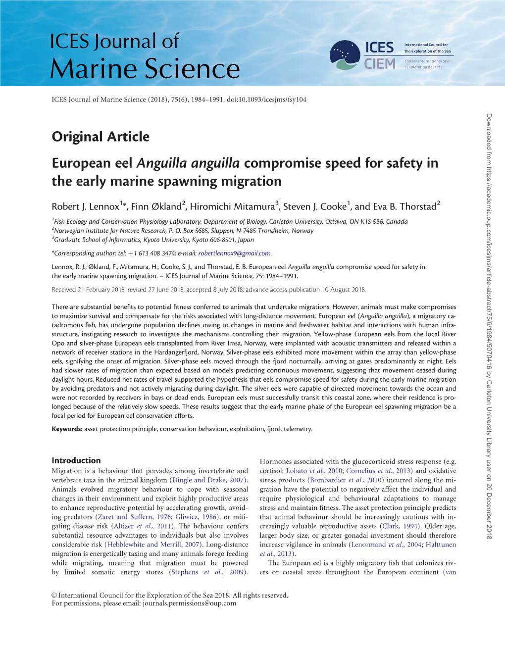 Original Article European Eel Anguilla Anguilla Compromise Speed for Safety in the Early Marine Spawning Migration