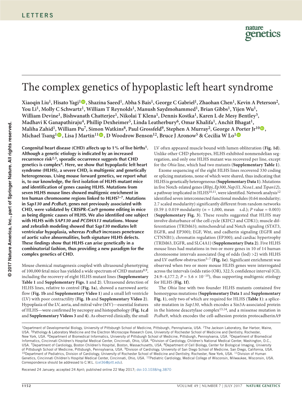 The Complex Genetics of Hypoplastic Left Heart Syndrome