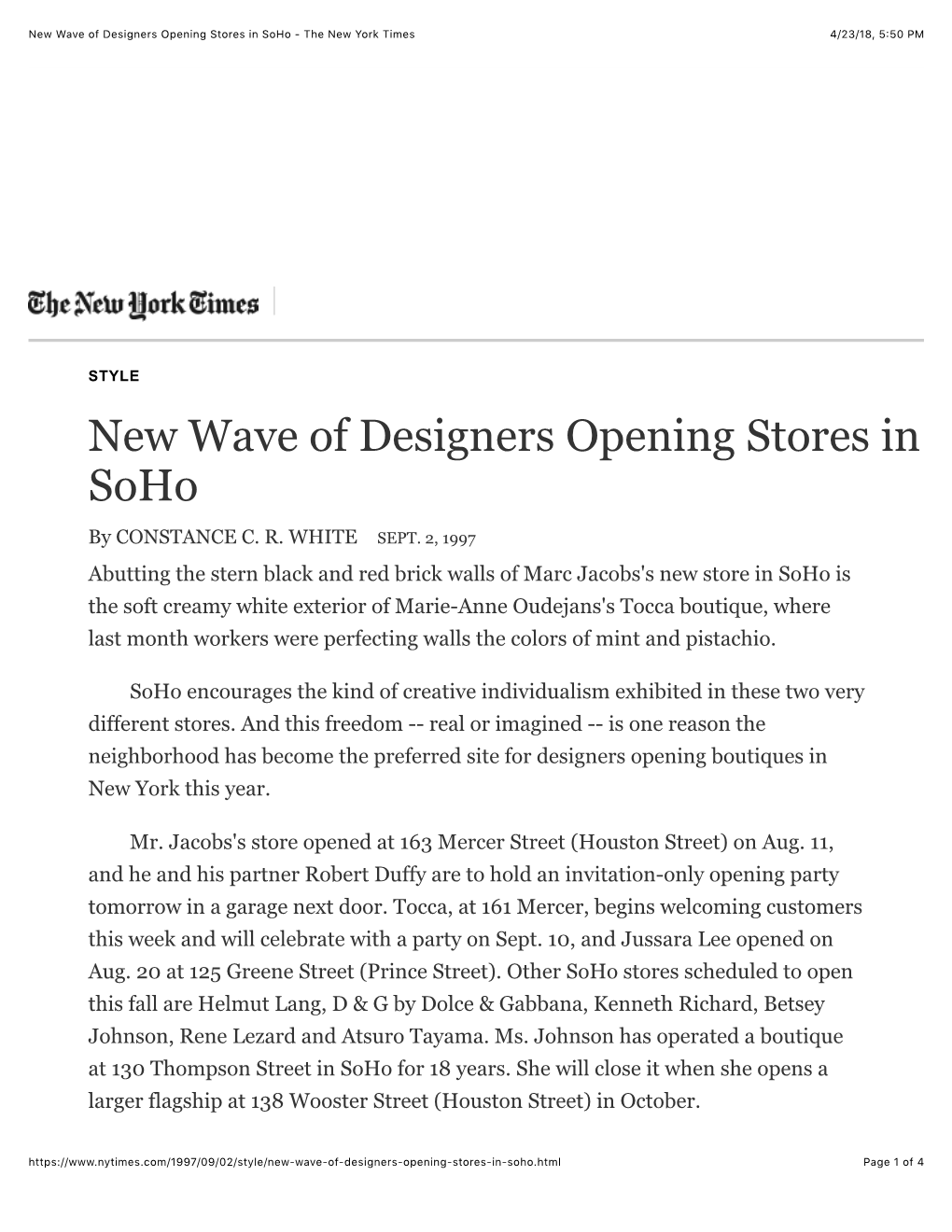 New Wave of Designers Opening Stores in Soho - the New York Times 4/23/18, 5�50 PM