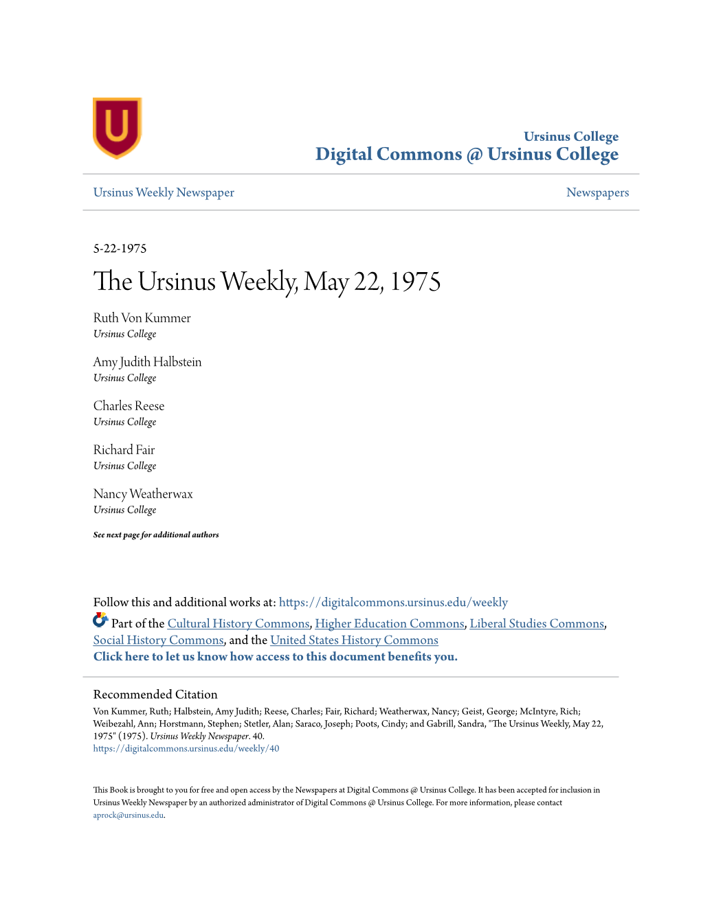 The Ursinus Weekly, May 22, 1975