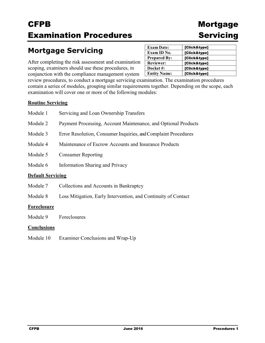 CFPB Mortgage Examination Procedures Servicing