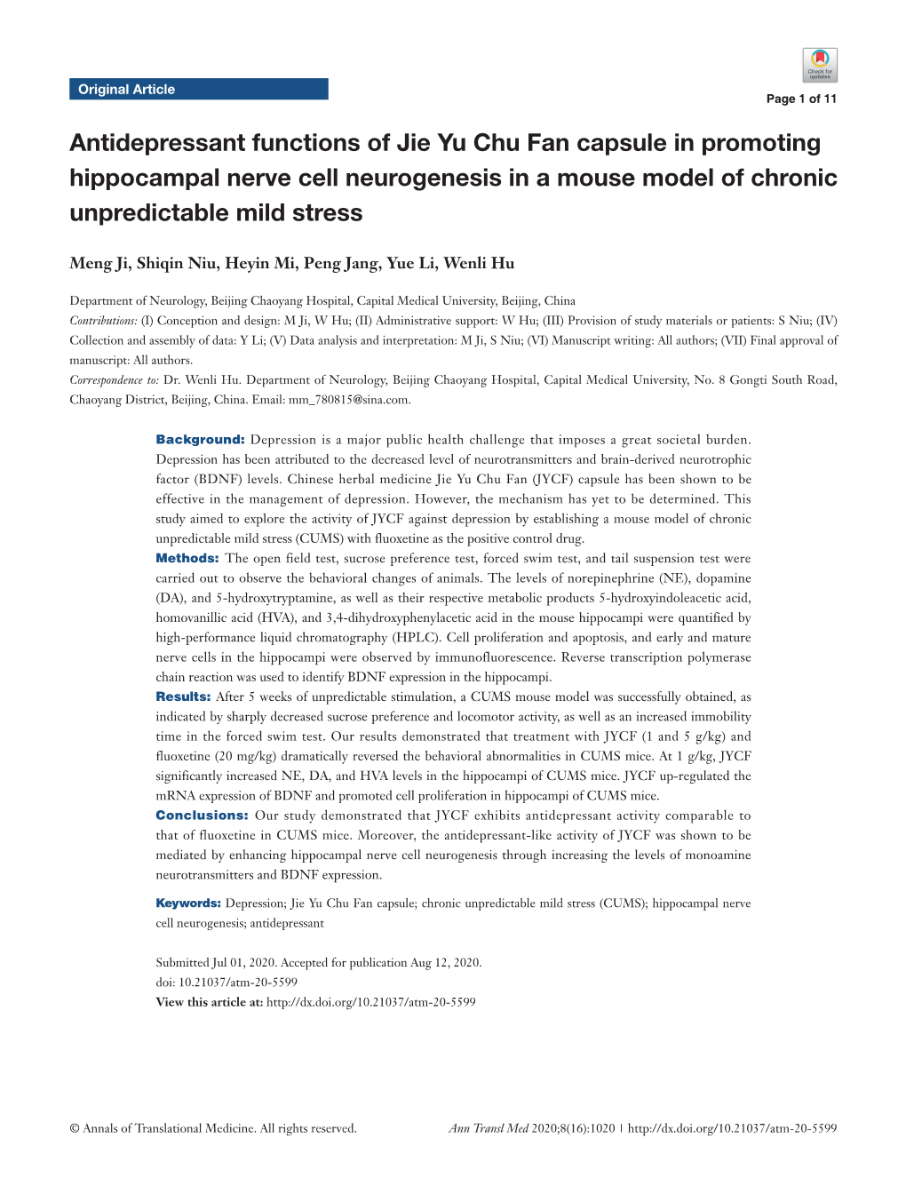 Antidepressant Functions of Jie Yu Chu Fan Capsule in Promoting Hippocampal Nerve Cell Neurogenesis in a Mouse Model of Chronic Unpredictable Mild Stress