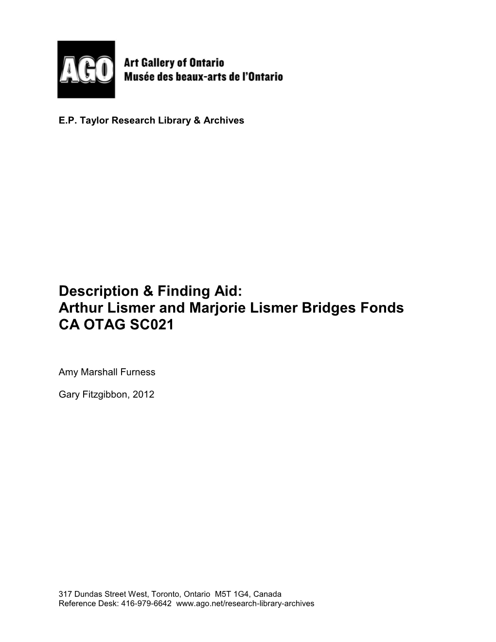 Arthur Lismer and Marjorie Lismer Bridges Fonds CA OTAG SC021