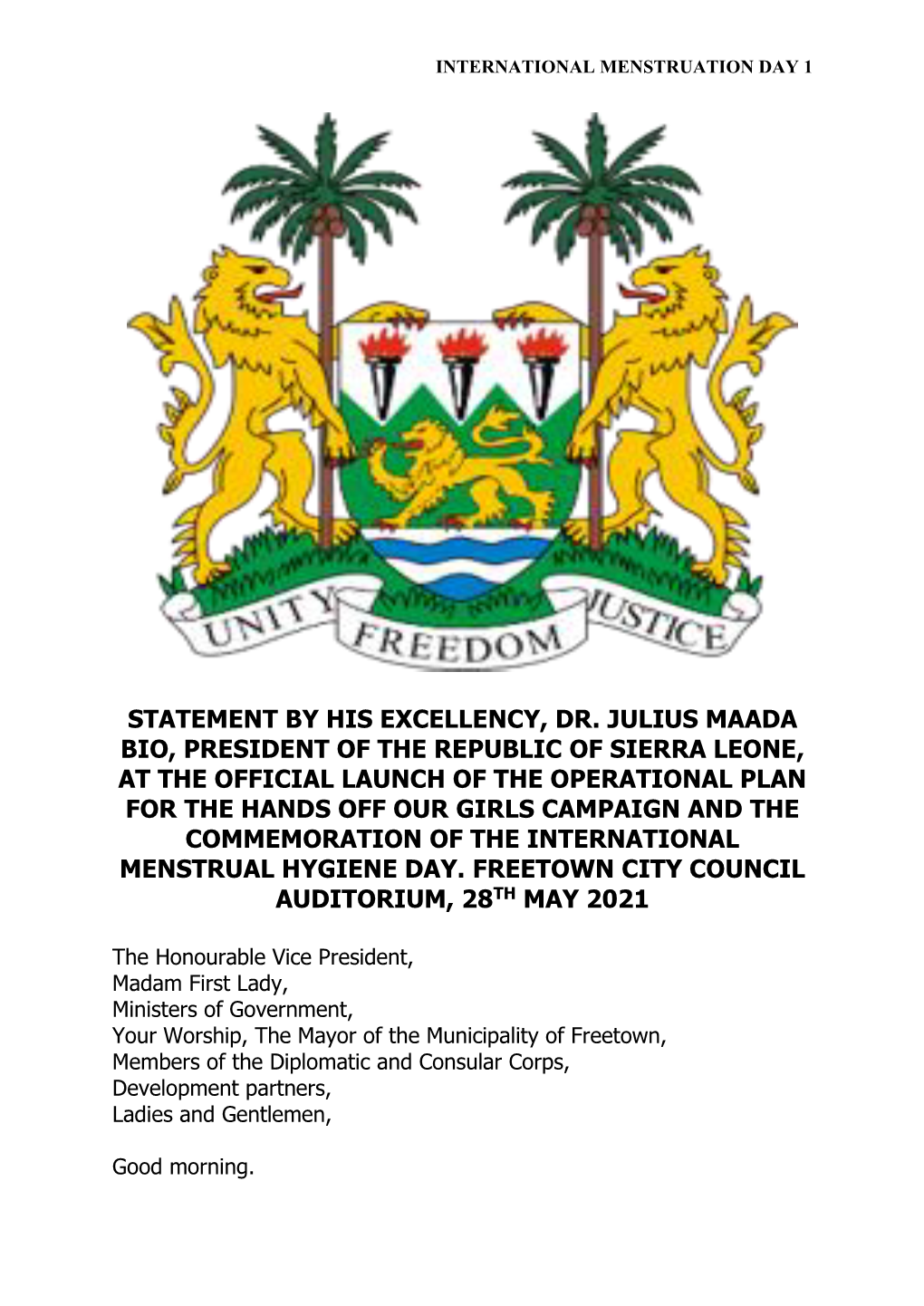 Statement by His Excellency, Dr Julius Maada Bio, President of The