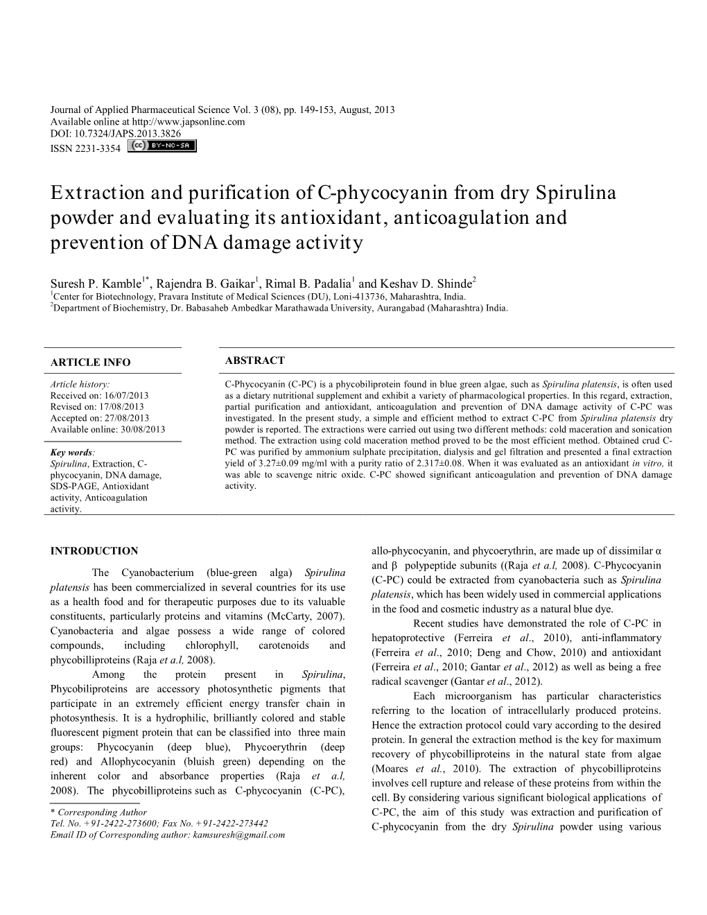 Extraction and Purification of C-Phycocyanin from Dry Spirulina Powder and Evaluating Its Antioxidant, Anticoagulation and Prevention of DNA Damage Activity