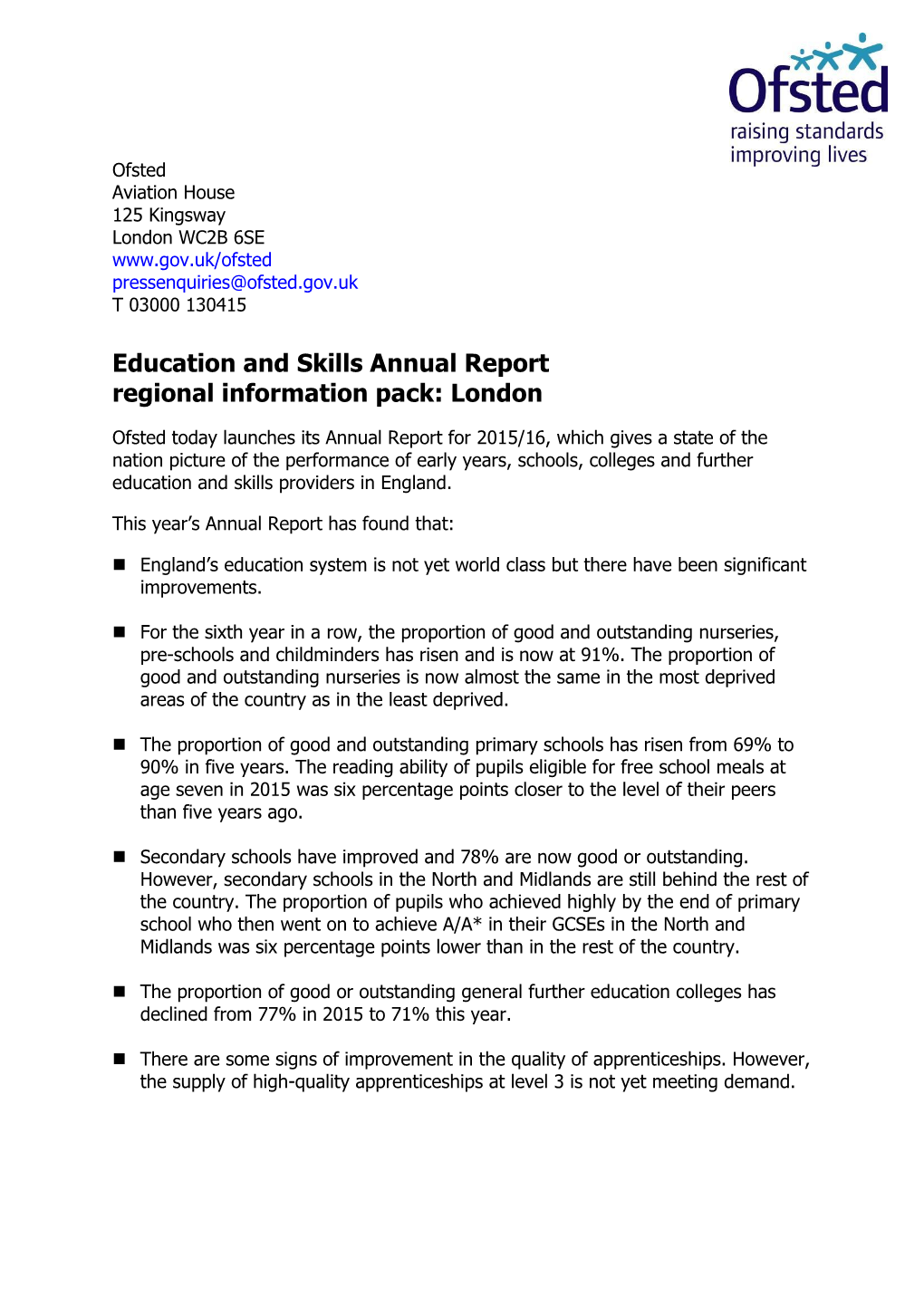 Education and Skills Annual Report Regional Information Pack: London