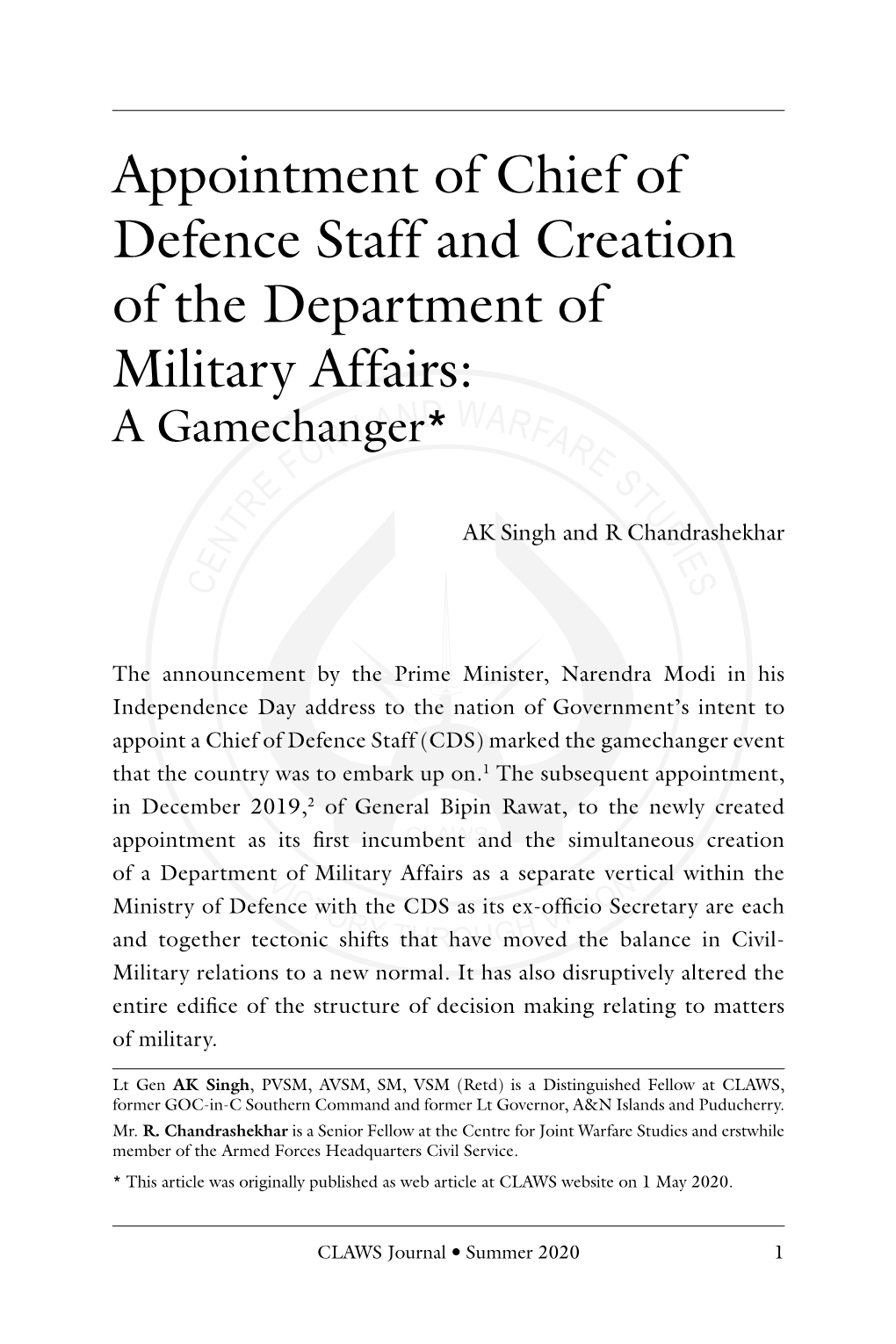 Appointment of Chief of Defence Staff and Creation of The