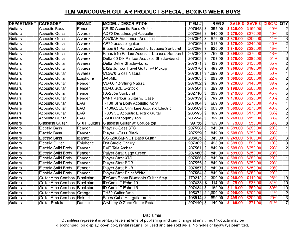 Tlm Vancouver Guitar Product Special Boxing Week Buys