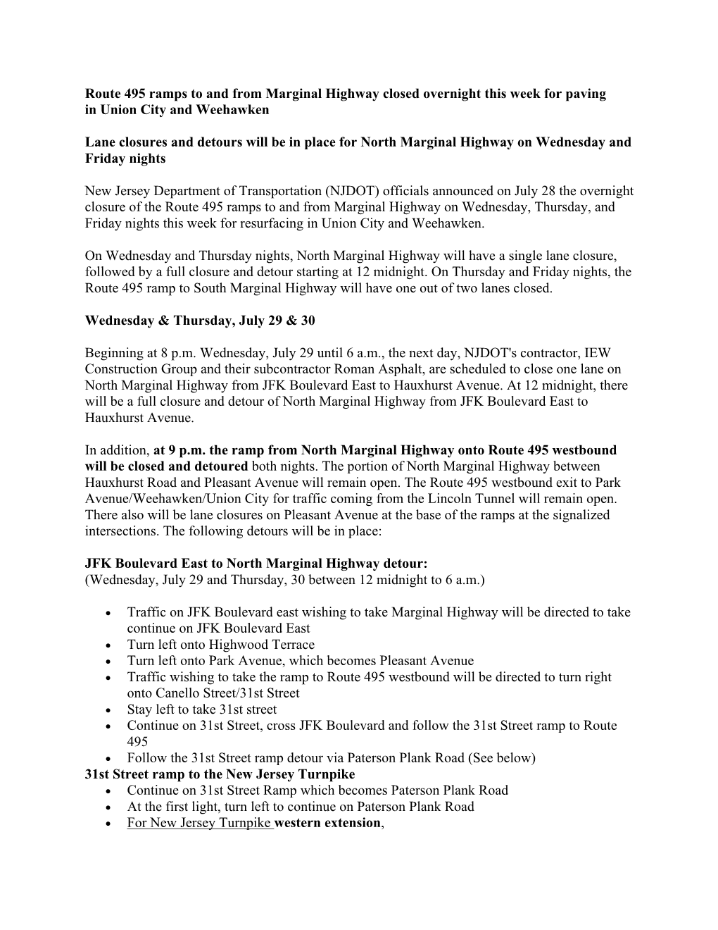 Route 495 Ramps to and from Marginal Highway Closed Overnight This Week for Paving in Union City and Weehawken