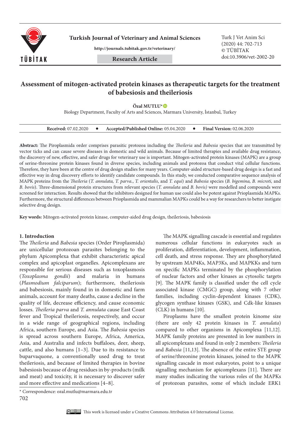 Assessment of Mitogen-Activated Protein Kinases As Therapeutic Targets for the Treatment of Babesiosis and Theileriosis