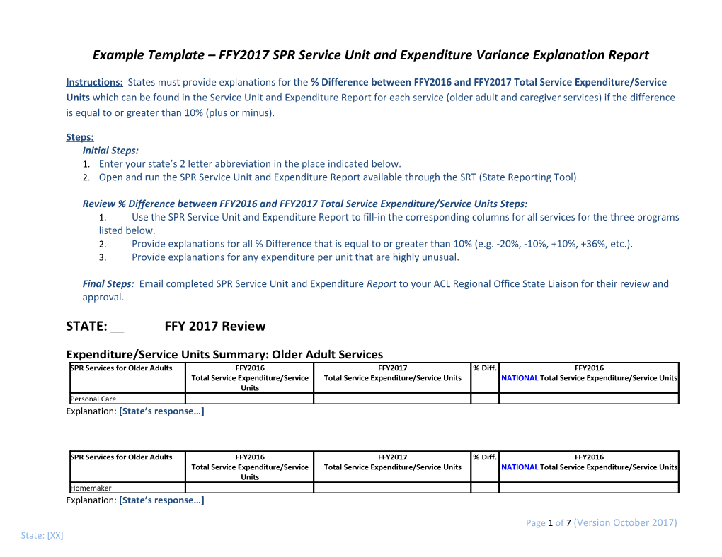 Example Template FFY2017 SPR Service Unit and Expenditure Variance Explanation Report