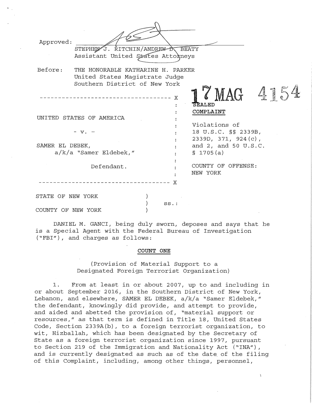 Download 17 06 08 U.S. V. El Debek Complaint