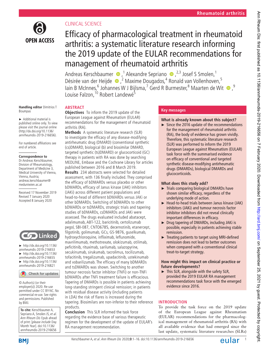 Efficacy of Pharmacological Treatment in Rheumatoid Arthritis