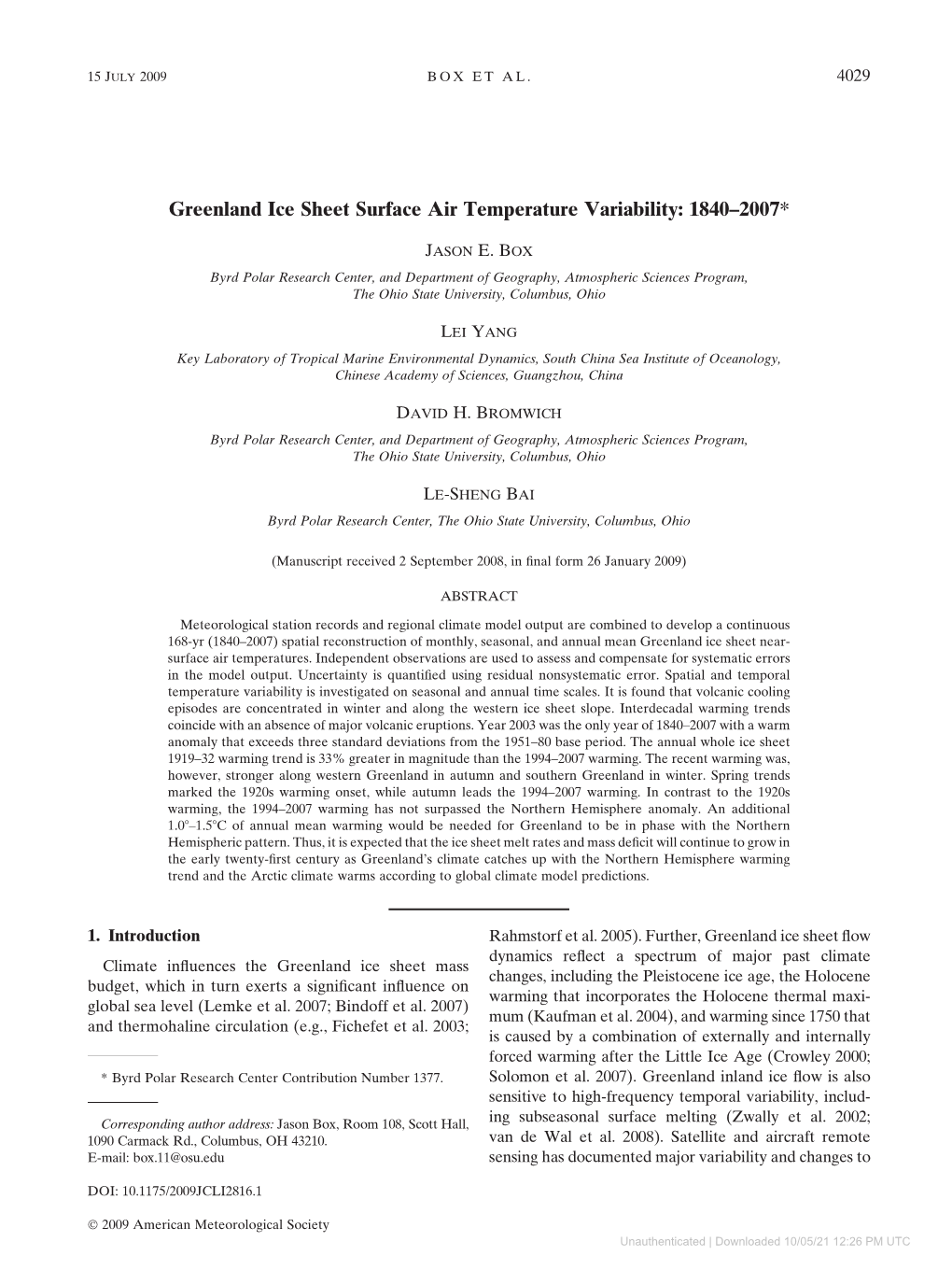 Greenland Ice Sheet Surface Air Temperature Variability: 1840–2007*