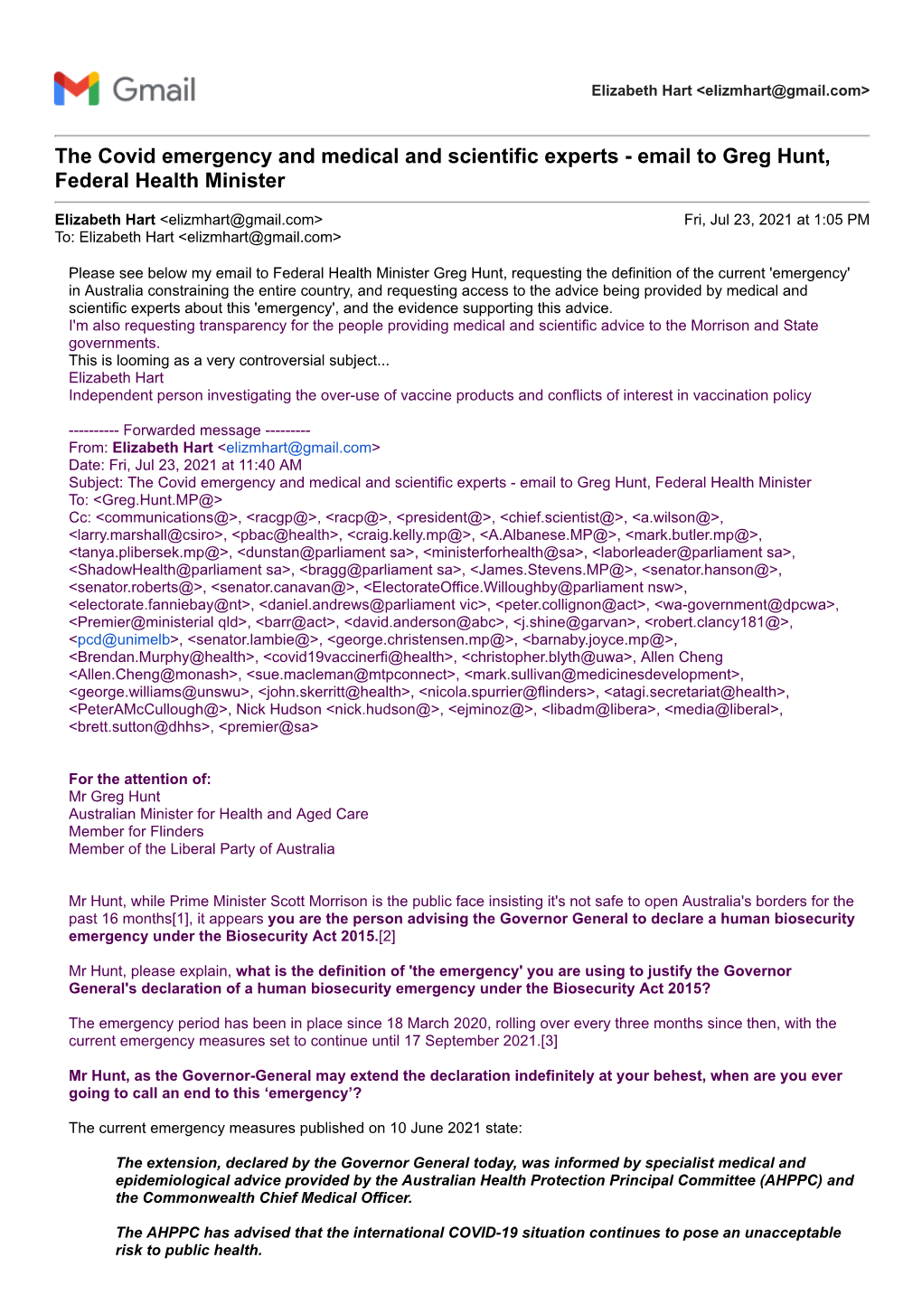 The Covid Emergency and Medical and Scientific Experts - Email to Greg Hunt, Federal Health Minister