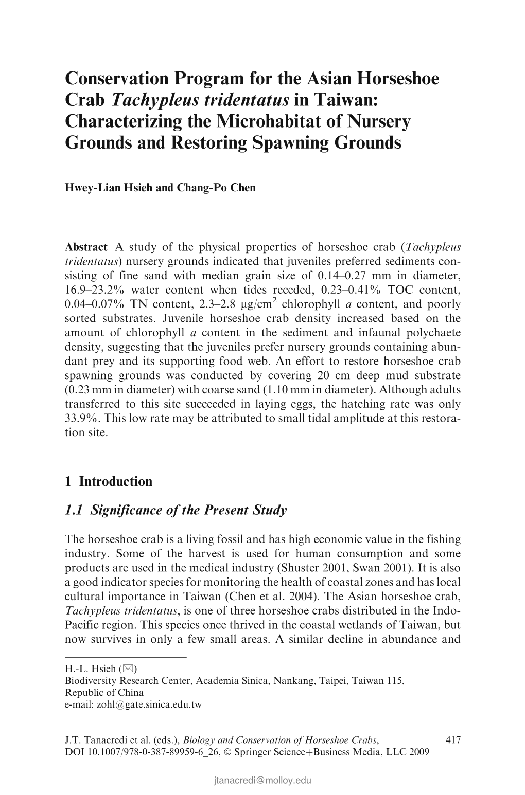 Conservation Program for the Asian Horseshoe Crab Tachypleus Tridentatus in Taiwan: Characterizing the Microhabitat of Nursery Grounds and Restoring Spawning Grounds