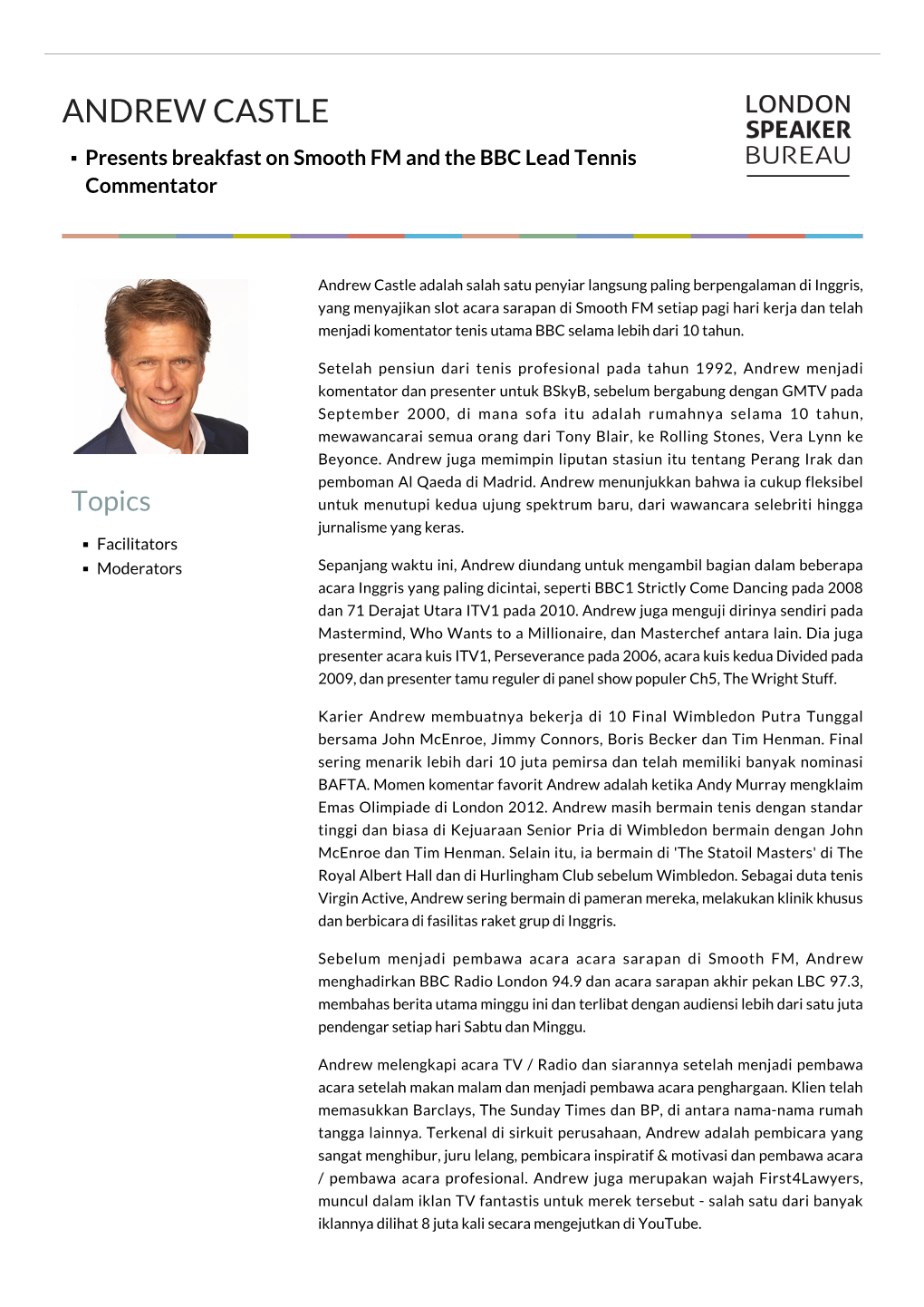 ANDREW CASTLE Presents Breakfast on Smooth FM and the BBC Lead Tennis Commentator