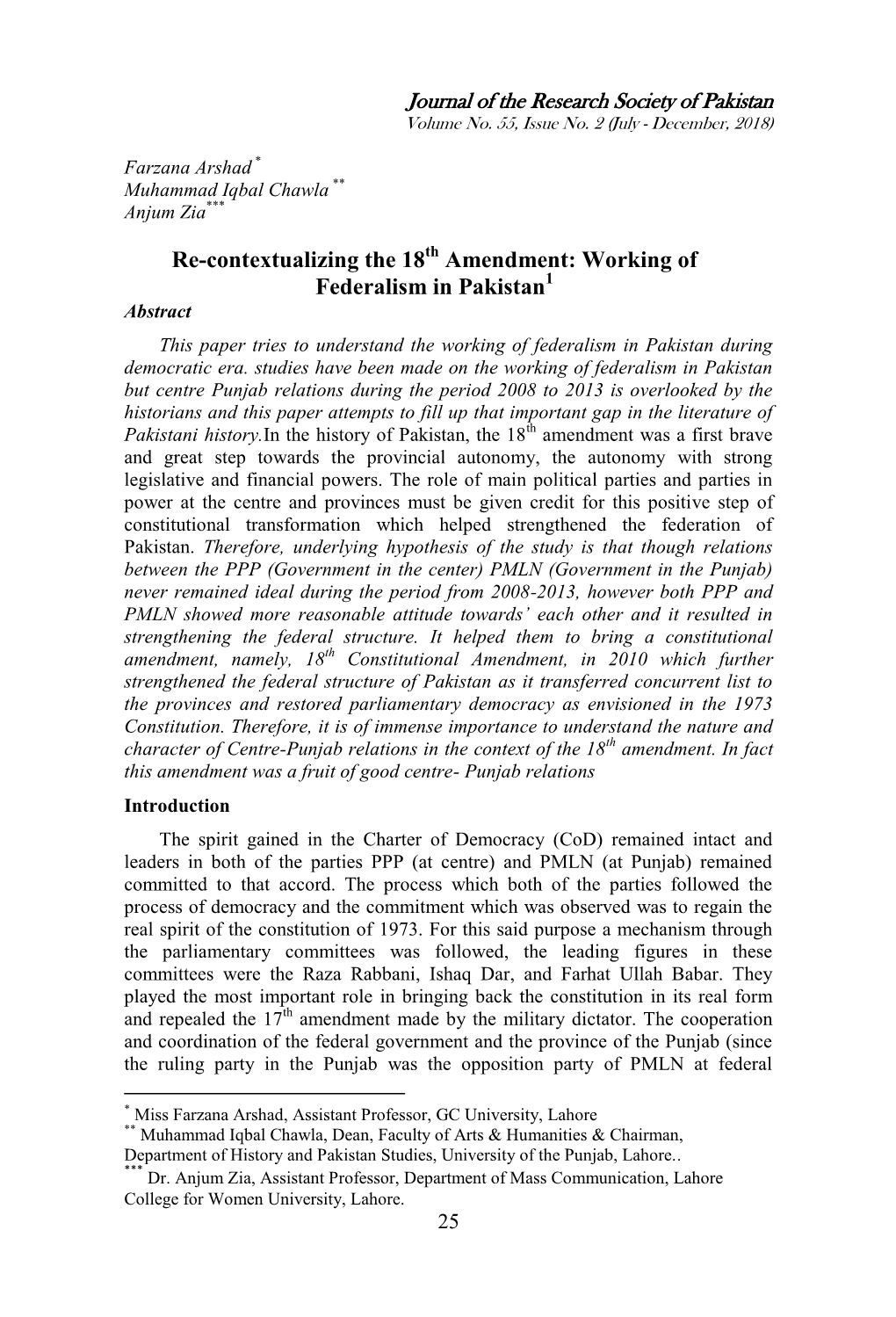 Re-Contextualizing the 18 Amendment: Working of Federalism in Pakistan
