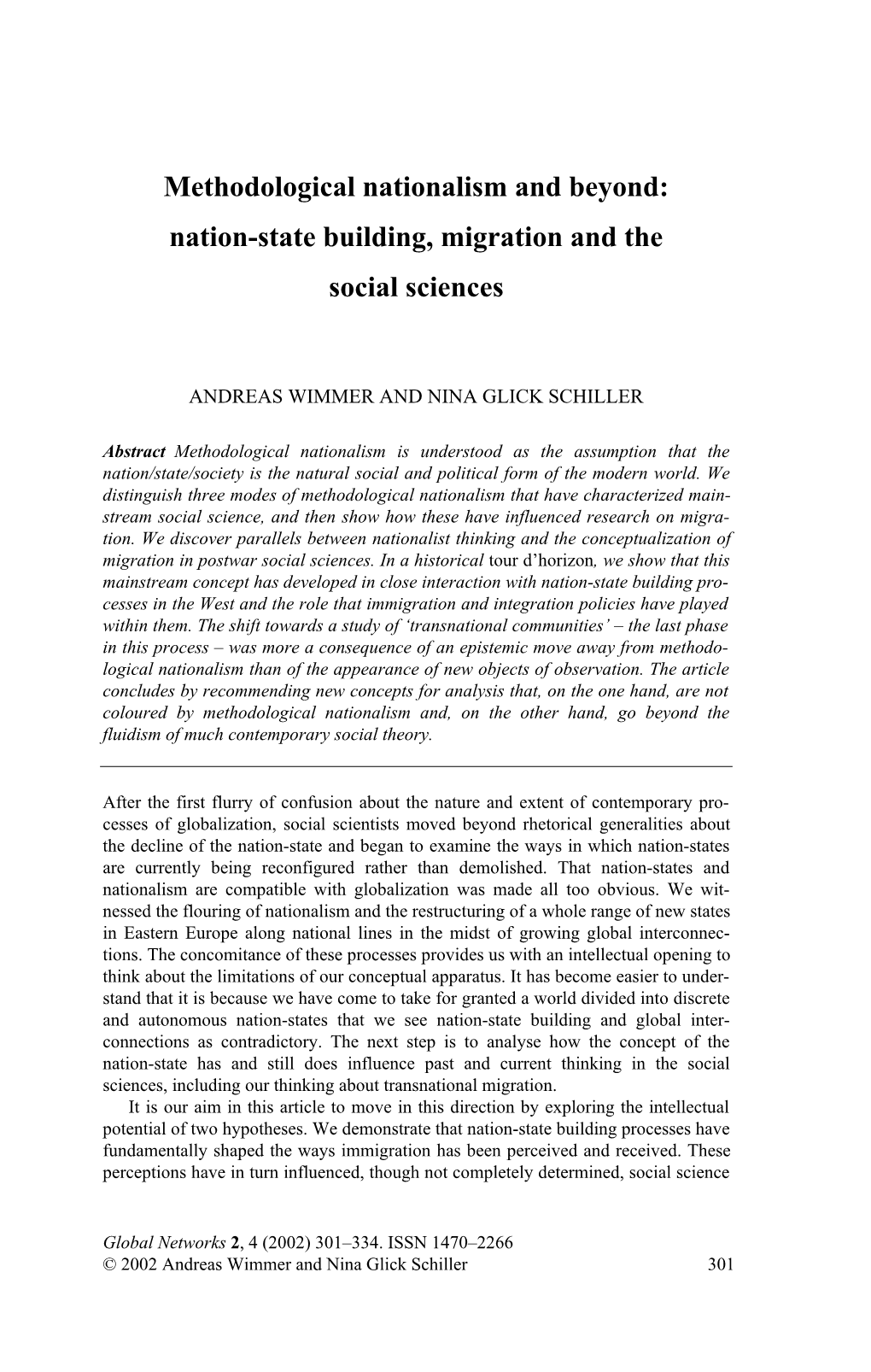 Methodological Nationalism and Beyond: Nation-State Building, Migration and the Social Sciences